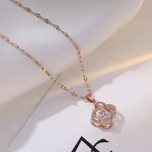 Collier Pendentif Fleur à Quatre Feuilles en Acier Inoxydable Minimaliste pour Femmes Or Plaqué Or Rose Zircon Strass Pierre Dansante Bijoux Cadeau
