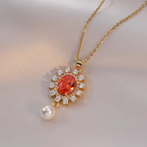 Orange Zircon Flower Pendant Necklace Stainless Steel Chain With Artificial Pearl Drop Elegant Jewelry For Women Fashion