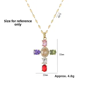 Bunte Kreuz-Halskette mit 32mm x 22mm Zirkonsteinen und goldener Kette in 40+5cm Länge