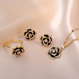 Joyas Flor De Camelia Collar Anillo Pendientes Acero De Titanio Circón Esmalte Elegante Mujeres Negro Oro