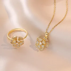 Elegant Titanium Steel Camellia Pendant Necklace Rotating Flower Ring Rhinestone Inlaid Light Luxury Jewelry For Women