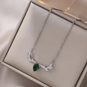 Titanium steel reindeer antler necklace with green teardrop zircon and pavé stones