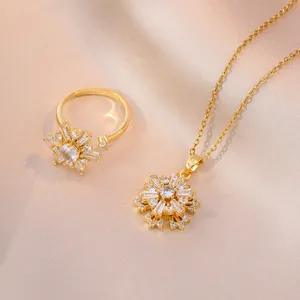 Titanstahl Rotierende Schneeflocke Zirkon Anhänger Halskette Verstellbarer Offener Ring Für Damen Gold Silber Schmuck