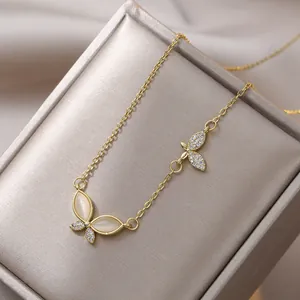 Schmetterlingshalskette aus Titan mit Katzenauge, Diamanten und Goldkette
