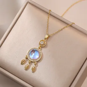 Titanstahl Echt Vergoldet Traumfänger Anhänger Halskette Zirkonia Mondstein-Imitat Feder Blatt Schmuck Für Damen