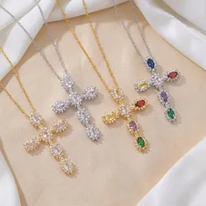 Fashionable gold and silver cross pendant necklaces with vibrant multi-color zircon stones