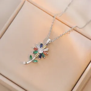 Fashionable sunflower pendant necklace with multicolor zircon stones and silver chain