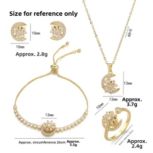 Golden moon and star jewelry set including necklace, earrings, bracelet and ring with zircon