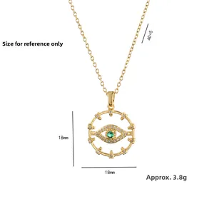 Bohemian evil eye pendant necklace with green zircon, 18mm diameter, 40+5cm gold chain
