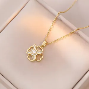 Rotating Four Leaf Flower Pendant Necklace Stainless Steel Gold Plated Rhinestone Inlaid Clavicle Chain Jewelry For Women Gift