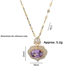 Golden necklace with large oval purple zircon pendant and white diamonds, 40+5cm length