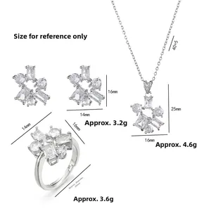 Sparkling zircon geometric jewelry set with necklace earrings and ring in silver finish