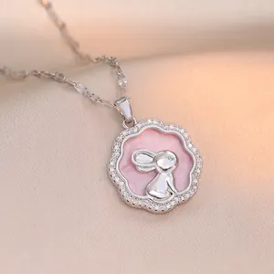 Elegant rabbit pendant necklace in silver with pink shell inlay and sparkling crystals