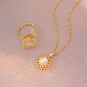 Collier Pendentif Tournesol Acier Titane Pierre Oeil De Chat Fleur Évidée Bijoux De Mode Pour Femmes