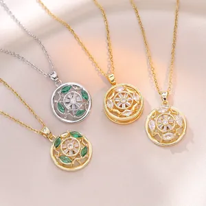 Collier Pendentif Rotatif Pour Femme Acier Titane Émeraude Zircone Roue Solaire Forme Fleur Bijoux Mode