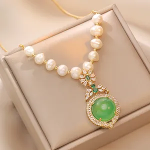 Collana Pendente Pietra Preziosa Verde Smeraldo Perla D'acqua Dolce Acciaio Al Titanio Placcato Oro Gioielli Eleganti Donna
