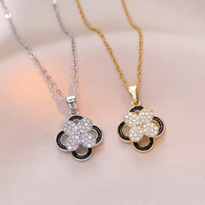 Collier Pendentif Trèfle Rotatif Acier Inoxydable Avec Zircone Cubique Émail Noir Bijoux De Mode Pour Femmes