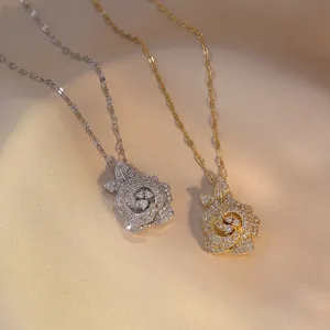 Elegant Layered Rose Flower Pendant Necklace Stainless Steel Zirconia Inlaid Fashion Jewelry For Women
