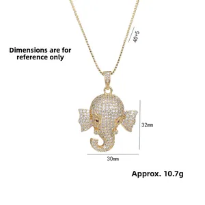 Ganesha elephant pendant necklace with white crystals and gold chain 32x30mm