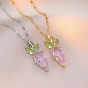 Collier Pendentif Carotte Mignonne Acier Inoxydable Rose Vert Verre Cristal Strass Incrusté Chaîne Ras Du Cou Bijoux Pour Femmes Filles