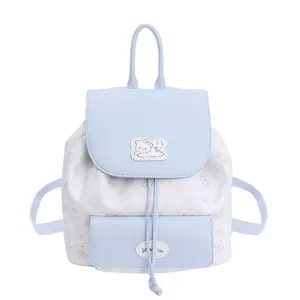 Women's 2025 fashion backpack with cute cat badge and floral prints in light blue and white
