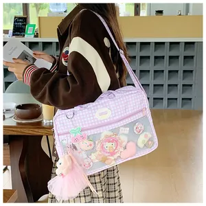 Borsa ita a quadretti viola con finestra trasparente e ciondolo in peluche