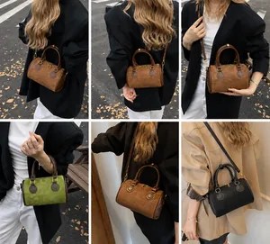 Detailansichten der Retro-Zylindertasche in den Farben Braun, Olivgrün und Schwarz
