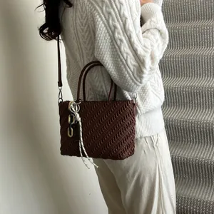 Borsa tote marrone a trama intrecciata da donna, elegante borsa quadrata a tracolla quotidiana