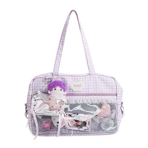 Borsa ita a scacchi viola e bianca con finestra trasparente e ciondoli peluche