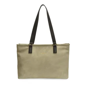Olive green minimalist tote bag with black straps and golden fashion lettering