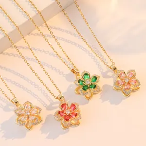 Rotating floral pendant necklaces with zircon petals in four colors on gold chains