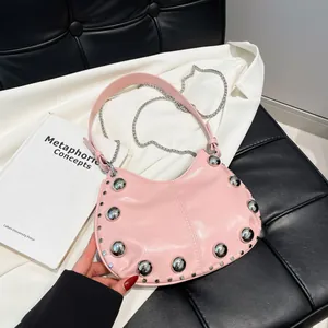 Women Rivet Hobo Bag PU Leather Half Moon Shoulder Bag Punk Metal Chain Crossbody Handbag For Fashion Lady