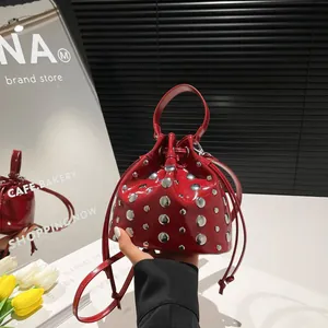 Fashion Rivet PU Leather Bucket Bag For Women Street Trend Drawstring Crossbody Shoulder Bag With Large Metal Studs