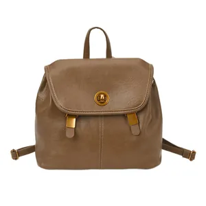 Zaino vintage da donna in ecopelle marrone con chiusura a rotazione dorata e cinghie