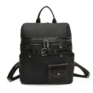 Minimalist large capacity dark grey canvas and leather trim backpack with front buckle
