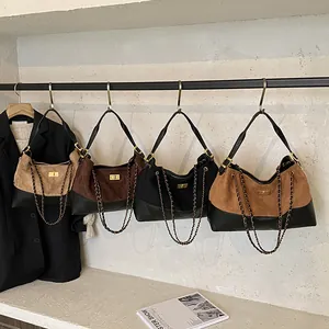 Quilted suede tote bags with chain straps in four colors for autumn winter style
