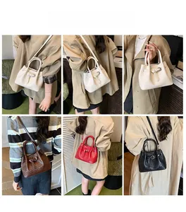 Detailed views of woven texture bucket bags in cream, brown, red, and black finishes
