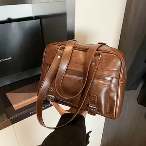 Women Vintage PU Leather Shoulder Bag Retro Boston Handbag Large Capacity Commuting Underarm Bag With Zipper Pocket Silver Hardware
