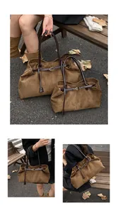 Detailed comparison of brown vintage suede tote bags in two sizes for fall fashion