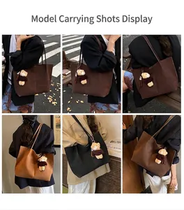 Outdoor-Streetstyle mit großer Shopper-Tasche, Teddybär-Anhänger und mattem Finish