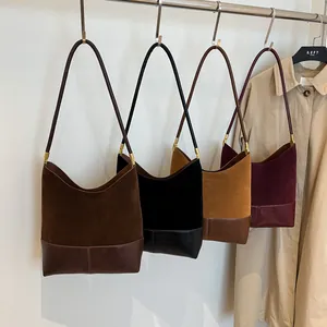 Retro matte suede tote bag in four colors for autumn with gold hardware and shoulder strap