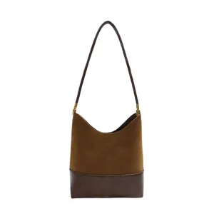 Retro brown suede and smooth leather hobo tote bag with a minimalist large capacity design