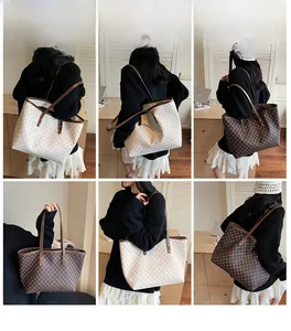 Detailed views of geometric pattern tote bags in cream and dark brown on models