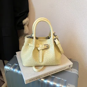 Women Woven PU Leather Bucket Bag Vintage Minimalist Handbag With Belt Buckle Crossbody Shoulder Bag Fashion Top Handle Bag