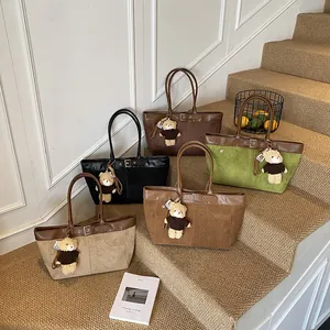 Minimalist suede tote bags in five colors with leather trim and cute bear charms