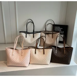 Group view of five stylish monogram tote bags in pink, beige, khaki, and brown colors