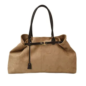 Vintage large camel suede tote bag with brown straps and golden buckle details
