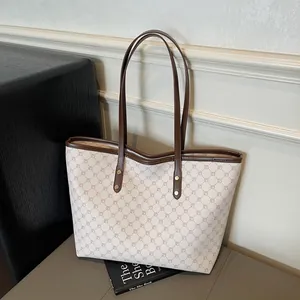 Women Vintage Large Capacity Monogram Tote Bag PU Leather Shoulder Bag With Rivets Fashion Commute Handbag Shopper Purse