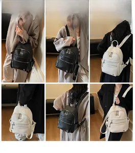 Diverse angolazioni dello zaino da donna in ecopelle nero e beige per il pendolarismo