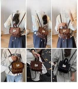 Three leopard print mini backpacks shown on model with ruffles and drawstring closure